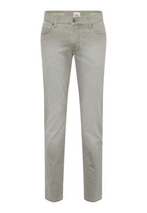 Jeans verde oliva chiaro realizzati in tessuto elastico. Design a gamba dritta con tasche anteriori e chiusura a bottone, con dettagli cuciti.