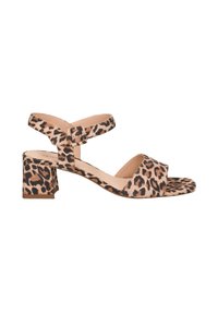 Leopardenmuster High-Heelsandalen mit einem quadratischen Zehenbereich, verstellbarem Knöchelriemen, strukturiertem Stoff und dicker Blockabsatz.