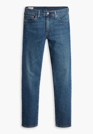 Jean en denim bleu avec une coupe droite, présentant un design classique à cinq poches, des surpiqûres contrastées et une fermeture à bouton.