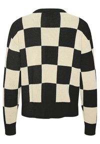 Schwarzer und cremefarbener Pullover mit Karomuster, Rundhalsausschnitt und langen Ärmeln, mit geripptem Saum und Bündchen.