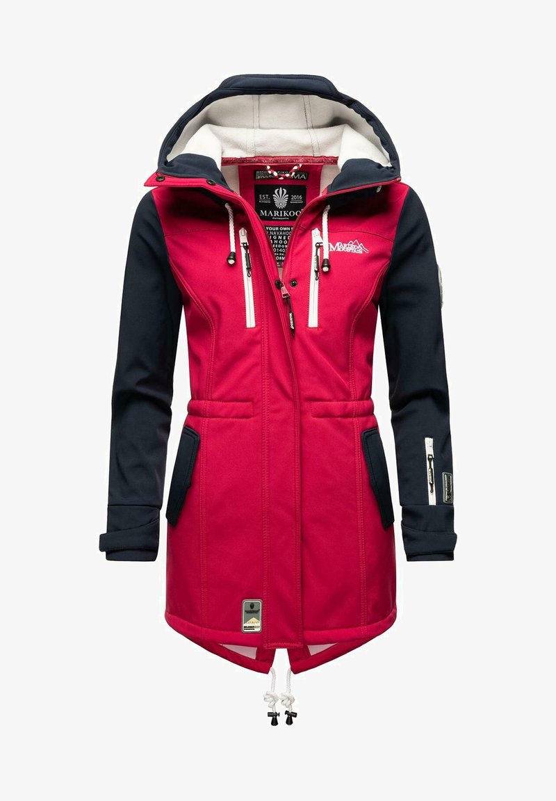 Red and navy waterproof jacket with a hood, featuring zippered pockets, drawstring hem, and fleece-lined collar. Accented with labels and logos.