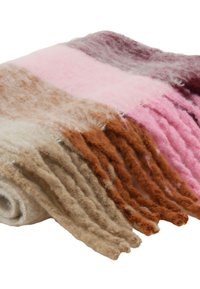 Wełniany koc o konstrukcji zwijanej, z naprzemiennymi paskami w odcieniach beżu, brązu, różu i burgundu, z delikatną, teksturowaną powierzchnią.