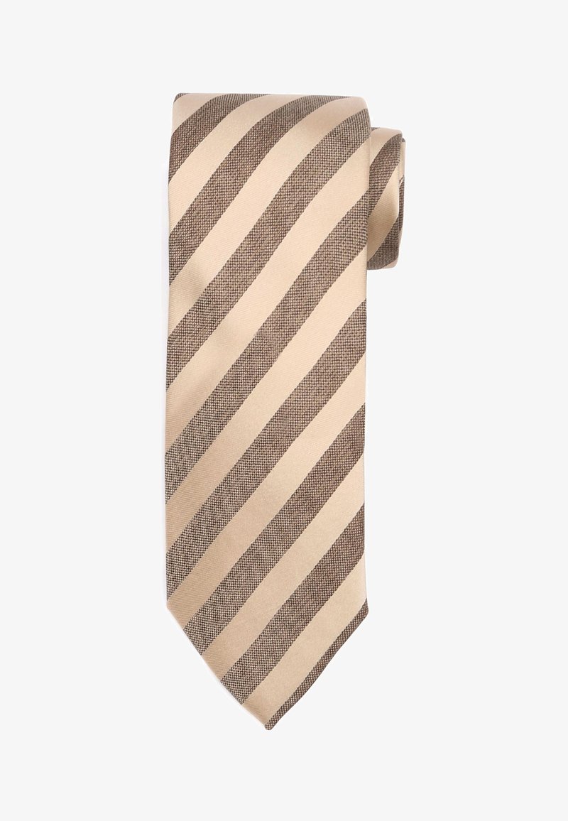 Beige en bruine zijden dassenveter met diagonale brede en smalle afwisselende gestructureerde strepen.