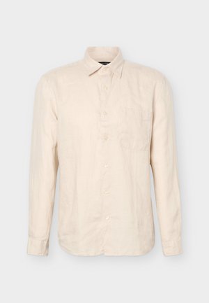 Beige long-sleeve button-up shirt with pointed collar and chest pocket, shown front-facing against a plain background.