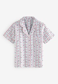 Cămașă de pijama cu mânecă scurtă, cu nasturi, cu dungi albastre deschise, flori roșii și modele de câini, având un buzunar la piept și tiv roz.