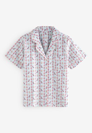 Rövid ujjú gombos pizsama felső világoskék csíkokkal, piros virágokkal és kutya mintákkal, mellzsebbel és rózsaszín paszpóllal.