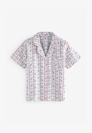 Rövid ujjú gombos pizsama felső világoskék csíkokkal, piros virágokkal és kutya mintákkal, mellzsebbel és rózsaszín paszpóllal.