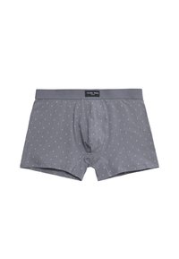 Boxers grises para hombre con pequeños puntos blancos y una cinturilla etiquetada "Ysabel Mora."