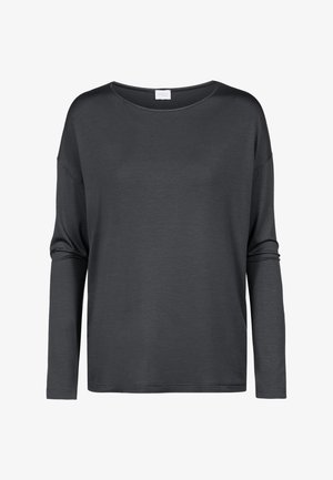 Donkergrijze, lange mouwen top van zacht materiaal, met een ronde halslijn en een losse pasvorm. Geen zichtbare patronen of hardwareaccenten.