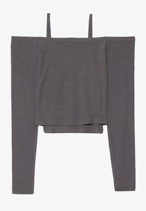 Grey off-the-shoulder long-sleeve top made from soft fabric; features thin straps and a cropped design with a smooth texture.