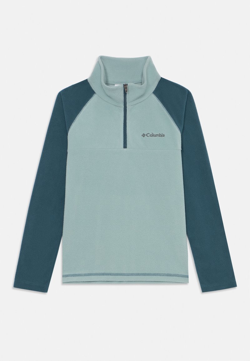 Svetlo zelena fleecová polokošela s tmavozelenými raglánovými rukávmi. Obsahuje vysoký golier a logo Columbia na prsiach.