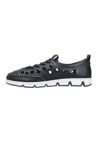 Marineblaue Lederschuhe mit perforiertem Design, weißer Zwischensohle und blauer Außensohle. Verfügt über Schnürhardware und dekorative Ziernähte entlang des Randes.