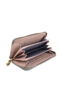 Leather wallet in light pink with a textured grey exterior. Features multiple card slots, compartments, and a gold zipper closure.