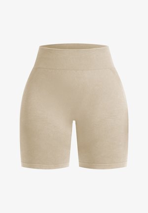 Beige high-waisted shorts gemaakt van zachte, rekbare stof. Heeft subtiele textuur en diagonale lijnenpatronen over de stof.