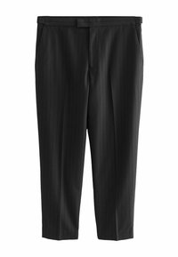 Black striped trousers with a tailored fit, featuring a flat front, side pockets, and a smooth texture. Suitable for formal wear.