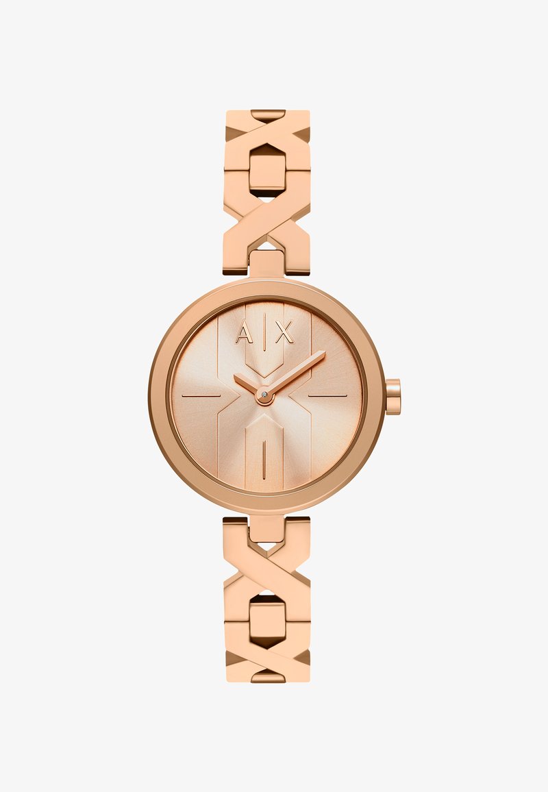 Montre-bracelet en or rose avec cadran rond, index horaires minimalistes, logo "A|X" et bracelet à maillons avec des formes géométriques en "X".