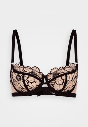 Black lace bra with floral embroidery, nude fabric base, underwire support, adjustable straps, and a center hook detail.