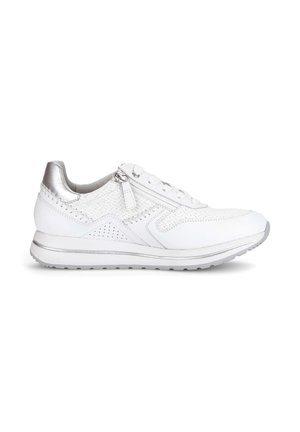 White sneaker with silver heel, side zipper, laces, and textured stitching detail on the side and upper.