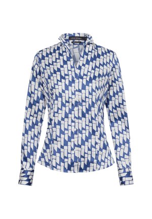 Lange mouw aangeklede blouse in blauw en wit, met een abstract geometrisch patroon, gemaakt van gladde stof met een getailleerde pasvorm en een kraag.