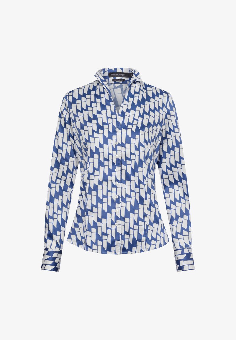 Lange mouw aangeklede blouse in blauw en wit, met een abstract geometrisch patroon, gemaakt van gladde stof met een getailleerde pasvorm en een kraag.