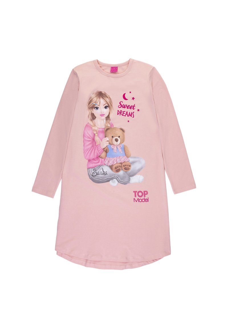 Camicia da notte a maniche lunghe in morbido tessuto rosa, decorata con un'immagine di una ragazza dei cartoni animati con un orsacchiotto, la scritta "Sweet Dreams" e il logo "TOP Model".