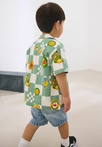 Kurzärmliges, grün kariertes Hemd mit fruchtförmigen Aufnähern, kombiniert mit Jeans-Shorts und schwarzen Sneakers, vor einem gedeckten Hintergrund.