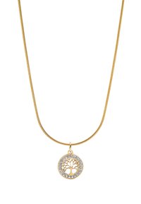 Złoty naszyjnik z skręconym łańcuchem i okrągłym wisiorem, z motywem drzewa otoczonym pierścieniem przezroczystych kryształków.