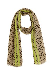 Bufanda ligera con fondo marrón claro, lunares negros y rayas verde brillante, terminada con bordes con flecos.