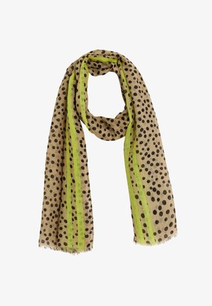Bufanda ligera con fondo marrón claro, lunares negros y rayas verde brillante, terminada con bordes con flecos.