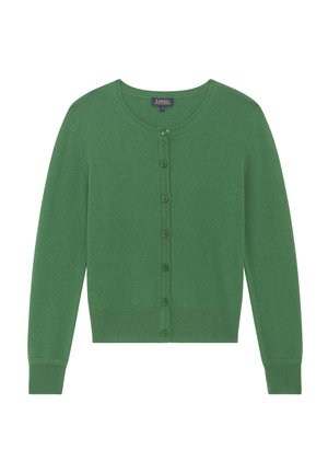 Vihreä neulecardigan, jossa on pyöreä kaula-aukko, ribbireunat ja napitus edessä. Sujuva ja hieman joustava kangas.