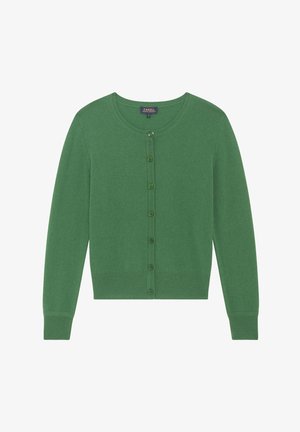 Groene gebreide cardigan met een ronde halslijn, geribde manchetten en knoopsluiting aan de voorkant. Glad met een lichte stretch.