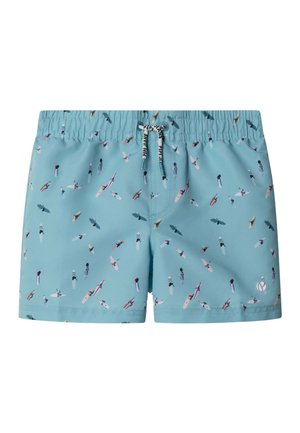 Costume da bagno azzurro chiaro con vita elasticizzata, coulisse bianca e motivo di surfisti colorati visto dall'alto.