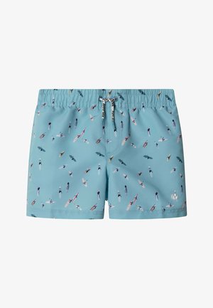 Light blue swim shorts with an elastic waistband, white drawstring, and a pattern of colorful surfers from a top-down view.