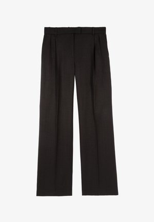 Pantalon noir avec un devant plissé, design à jambe droite et texture lisse. Doté d'une taille classique et de détails minimaux.