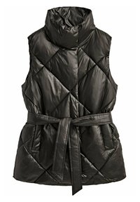 Sort polstret vest med høj krave, diamantkviltet tekstur og et bundet bælte i taljen. Lavet af skinnende syntetisk materiale.