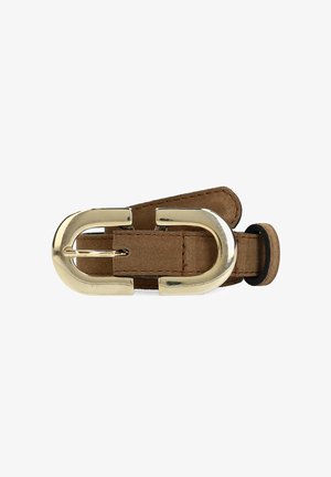 Brauner Leder-Gürtel mit einer glänzenden goldfarbenen Doppel-Schnalle. Besitzt eine glatte Oberfläche und eine Naht entlang des Lederbands.