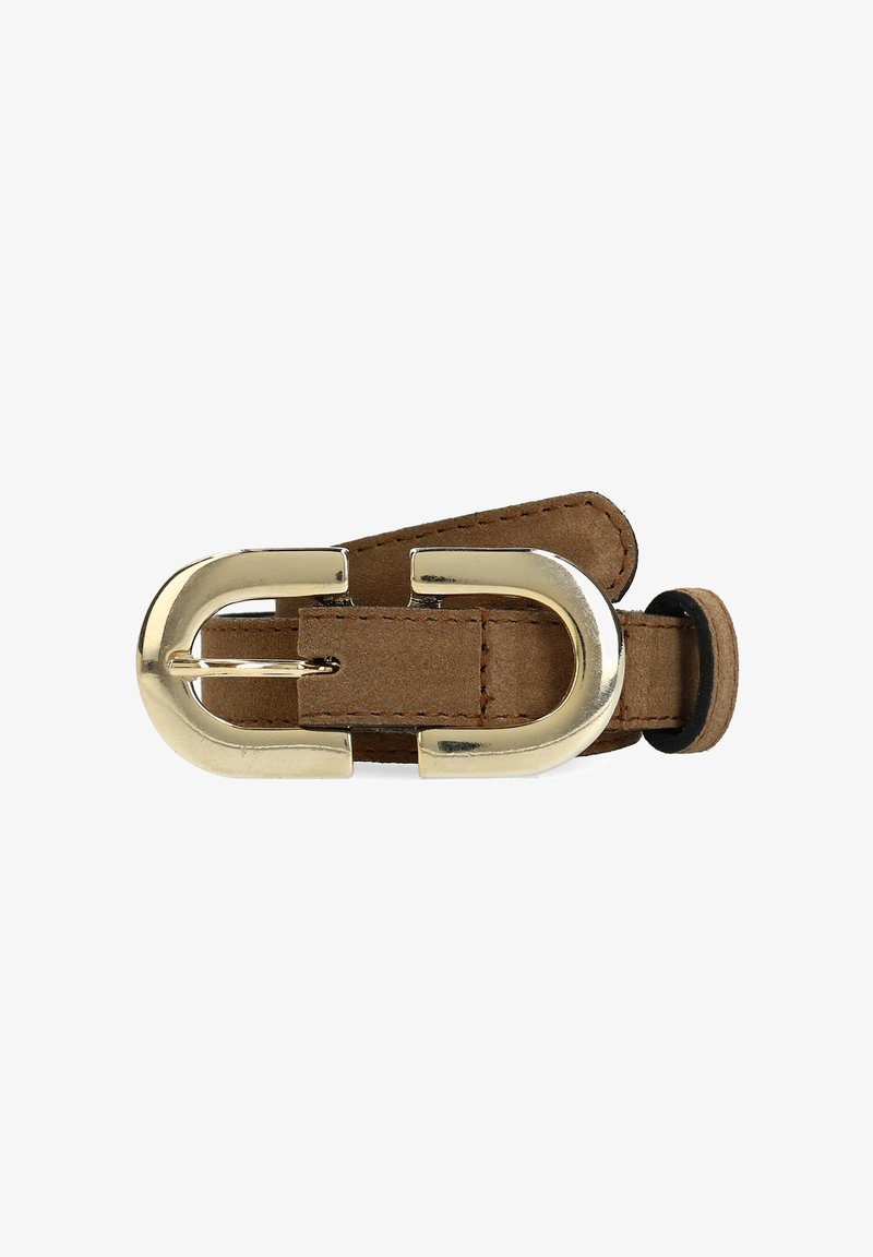 Brown leather belt with a shiny gold-toned double buckle. Features a smooth surface and stitching along the leather strap.