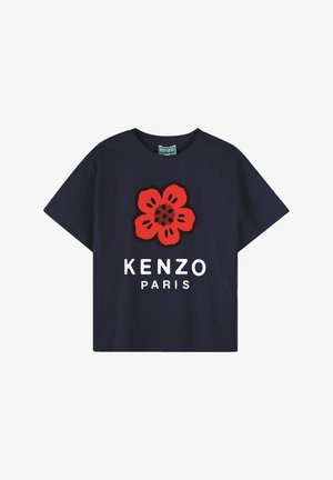 Navy blue cotton T-shirt featuring a large red flower graphic and white "KENZO PARIS" text printed below the design. Short sleeves, relaxed fit.