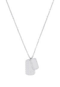 Collana d'argento con due pendenti a tag dog, uno liscio e semplice, l'altro con una superficie decorata e contornato da cristalli.