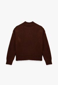 Bruine gebreide trui met een ribkraag en -zoom, voorzien van lange mouwen en een cropped ontwerp met een gestructureerde stofafwerking.