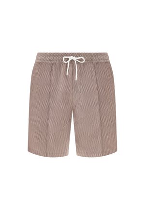 Hellbraune, strukturierte Shorts mit elastischem Bund und weißem Kordelzug, knielang, für legere Freizeitkleidung entworfen.