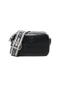 Borsa a tracolla nera in sintetico con logo "LOVE MOSCHINO" in rilievo, dettaglio a forma di cuore e tracolla regolabile con strisce e scritte.