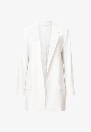 Blazer blanc en tissu lisse, avec un col en V, des manches longues et deux poches avant. Design simple et ajusté.