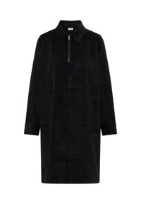 Cappotto nero a maniche lunghe realizzato in tessuto morbido, con collo a revers, chiusura frontale con zip e due tasche frontali. Texture liscia.