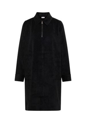 Manteau noir à manches longues en tissu doux, doté d'un col, d'une fermeture éclair à l'avant et de deux poches avant. Texture lisse.