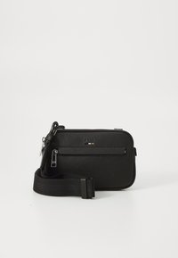 Black leather crossbody bag with textured surface, zippered compartments, adjustable strap, and subtle brand logo on the front.