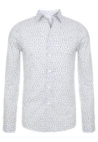 Camicia bianca a maniche lunghe con un motivo floreale blu e beige. Presenta un colletto classico e una chiusura con bottoni, realizzata in tessuto leggero.