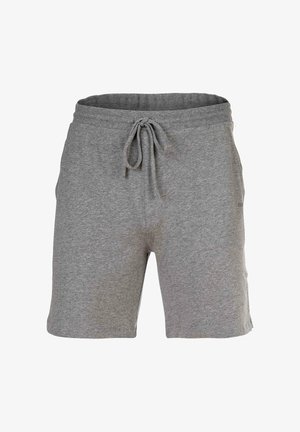 Shorts de sport gris en mélange de coton doux, avec une taille élastique et un cordon de serrage, des poches latérales et une coupe ample.