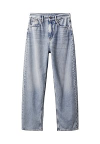 Jeans a vita alta, dritti in denim blu chiaro. Tra le caratteristiche ci sono cinque tasche, passanti per cintura e un lavaggio sbiadito con leggere sfumature.