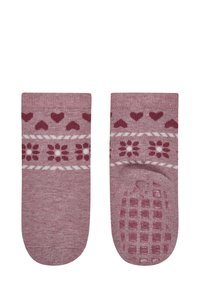 Rosa Socken mit Herz- und Blumenmuster, ausgestattet mit einer strukturierten, rutschfesten Sohle und einem gerippten Bund für zusätzlichen Komfort.